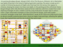 Compared to his earlier work, the canvas is divided into a much larger number of squares. Broadway Boogie Woogie Piet Mondrian