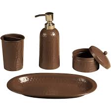 Copper bathroom accessories add a warm and inviting feeling to your bathroom. Monarch Abode 4 Piece Monarch Hand Hammered Metal Beaver Brown Bathroom Accessories Set 19526 The Home Depot