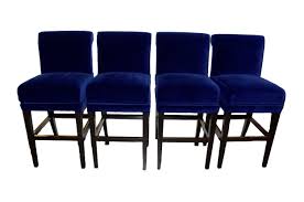 Set Of Four Dark Blue Velvet Bar Stools With Metal Foot Rest Within A Dark Espresso Stain Wood Frame