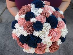 The Princess Rose Gold Navy Blue Blush And Ivory Wood Etsy Flower Bouquet Wedding Wedding Bridal Bouquets Rose Gold Wedding