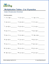 Other multiplication ranges are available throughout the site. Grade 3 Math Worksheet Multiplication Tables Of 2 To 10 K5 Learning