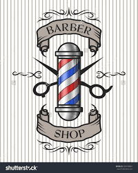 Stock Vector Barber Shop Emblem Barber Pole Scissors And Ribbon For Text In An Old Vintag Ideias Para Barbearias Quadros Para Barbearia Desenhos Para Barbearia