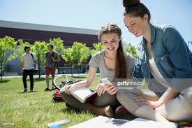 College Students Studying And Texting Sunny Campus Lawn Student Studying Student College Students