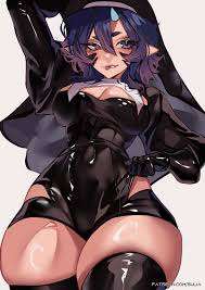 suliavtuber, sulia (vtuber), indie virtual youtuber, habit, absurdres,  highres, 1girl, biting own lip, black gloves, blue eyes, blue horns,  breasts, cleavage, clothes pull, detached collar, facial mark, gloves, hair  between eyes, hip