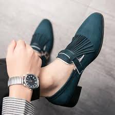 Green Teal Suede Fringes Mens Loafers Prom Flats Dress Shoes