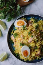 Yellow Rice With Poached Salmon Boiled Eggs And Parsley Majamanborg Recipe In 2020 Poached Salmon 30 Min Meals Savoury Food