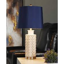 White Ceramic Geometric Table Lamp With Blue Shade Kirklands