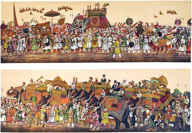 A Procession of the Emperor Akbar Shah II surrounded by his court.