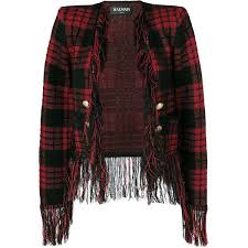 Balmain Wool Blend Fringed Jacket 900 Liked On Polyvore Featuring Outerwear Jackets Coats Red Military Style Red Plaid Jacket Wool Jacket Knit Blazer
