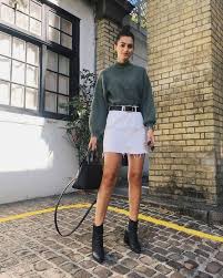 Black And White Skirt Outfit Skirt Denim Skirt White Skirt Belt Black Boots High Heels Boots Sweater Earrings Handbag White Denim Skirt Denim Skirt Outfit Winter Winter Skirt Outfit