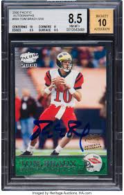 Fairly cheap in comparison to many other tom brady rookie cards, the metal card is still an impressive choice even without a limited print run. 2000 Pacific Tom Brady Autographs 403 Bgs Nm Mt 8 5 10 Lot 81783 Heritage Auctions