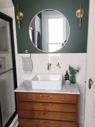 Bathroom With Vintage Mid Century Dresser Turned Vanity Bathroom Decor Bathroom Interior Budget Bathroom