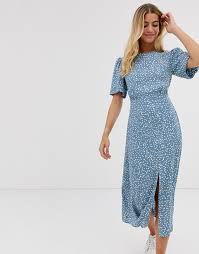 New Look Puff Sleeve Midi Dress In Blue Spot Asos Puff Sleeve Midi Dresses Puff Sleeve Dresses Blue Midi Dress