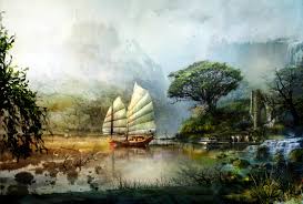 Wallpaper 3700x2500 Px Art Fantasy Guild Lake Mountains Ruins Sailing Scenery Ship Wars Water 3700x2500 Goodfon 803901 Hd Wallpapers Wallhere