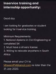 Internships are often seen as an effective platform for engineering students to come in and have an experience about the corporate world. S4 Civil Engineering Students Thembinkoc Ntshalintshali Facebook