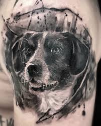 Black And Grey Dog Tattoo Dog Black And Grey Tattoo Realistic Beautiful Portrait With Abstract Elements Background B Tattoo Anansi Munich Germany Artist