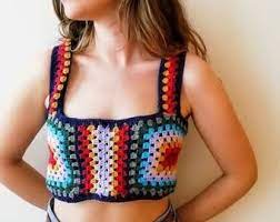 The spruce / mollie johanson this granny square pattern is a variation on the classic crochet granny squ. Crochet Top Crop Top Granny Square Top Retro Top Crochet Halter Top Rainbow Top Summer Top Gift For Her Vintage Style Boho Top Crochet Top Crochet Clothes Crochet Bralette