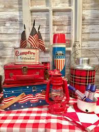 Illuminate the outdoors with festive fourth of july decorations. Ready For 4th Of July Picnic With My Vintage Picnic Tin Basket And Lunchbox Thermoses Lantern And Marshmal Fourth Of July Decor Vintage Picnic Fourth Of July