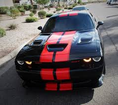 Black And Red Challenger Custom Rally Stripes And Accent Decals On Hellcat Challenger 3m 1080 Series Wrap Film In Hot Rod Red Installed By Fa Hellcat Challenger Hellcat Rally Stripes