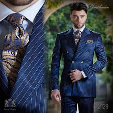 Italian Bespoke Royal Blue Pinstripe Double Breasted Suit With Wide Peak Lapels 6 Mother Of Pearl Buttons And Double Ve In 2020 Mens Casual Outfits Suits Bespoke Suit