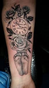 Blackandgrey Pocketwatch Babyfeet Roses Name Date Forearmtattoo Tattoo Studio13tattoomg Flower Tattoo Tattoos Flowers