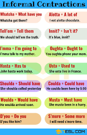 50 Common Informal Contractions To Sound Like A Native 7 E S L Learn English Words Learn English Vocabulary English Idioms
