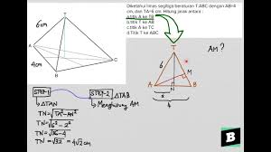 Jarak titik a ke garis tc adalah.? Diketahui Limas Segitiga Beraturan T Abc Dengan Ab 4 Cm Dan Ta 6 Cm Hitung Jarak Antara Rusuknya Youtube