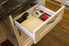 Custom Built In Tech Drawer With Power Point This Area Allows You To Keep All Your Devices Off The Bench But C Cabinetry Design Clever Storage Kitchen Office
