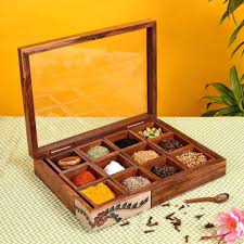 Handcrafted Wooden Masala Box With Spoon Spice Box For Kitchen Wooden Spice Box With 12 Container Kitchen Decor Items Spice Box Wooden Kitchen Utensils