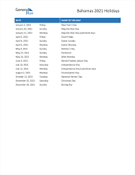 Bahamas Holidays 2021 In Pdf Word And Excel