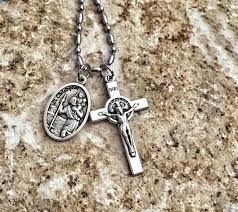 St Christopher Medal Necklace With St Benedict Cross Gift For Etsy St Christopher Medal St Benedict Cross Catholic Necklace