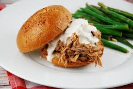 Pulled pork is also large enough to feed a crowd, freezes well, costs little to make, and is pretty it arrives at the table with bread and barbecue sauce, and sides—an invitation to be eaten as a common pulled pork problem #2: Pulled Pork Sandwich With White Bbq Sauce 9 Points Laaloosh White Bbq Sauce Pork Sandwich Healthy Pork