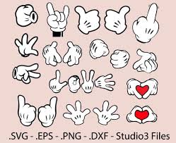 Mickey Hands Designs Vectors Cuttable Files Etsy Mickey porte une salopette rouge et vit des aventures en compagnie de son chien pluto, son ami dingo et sa chérie mickey mouse est une petite souris noire de bande dessinée inventée par walt disney. mickey hands designs vectors cuttable files