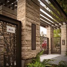 Modern Exterior Veneer Stone Home Driveway Gate Design Rustic Buff Stone Stone Houses Exterior Stone Modern Exterior
