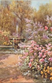Path From Lower Left Leads Up To Past Fountain In Pool Many Flowers To Right Trees Bushes Behind Aesthetic Art Aesthetic Painting Nature Aesthetic