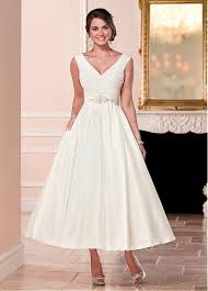 99 99 Attractive Satin V Neck Neckline A Line Tea Length Wedding Dress With Beadings Stella York Wedding Dress Tea Length Wedding Dress Short Wedding Dress