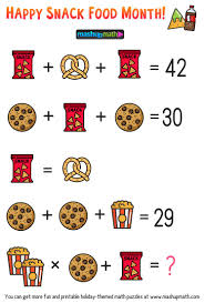 Free Math Brain Teaser Puzzles For Kids In Grades 1 6 To Celebrate Snack Food Month In 2020 Math Logic Puzzles Maths Puzzles Brain Teasers For Kids