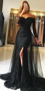 A Line Off The Shoulder Long Sleeves Black Tulle Prom Dress With Lace Sequins L012 Evening Dresses Black Prom Dress Black Long Sleeve Prom Dress