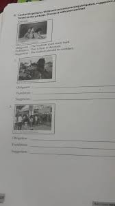 An example of obligation is for a student to turn in his homework on time every day. Lookatthepictures Write Sentences Expressing Obligation Suggestion And Prohibition Based On The Brainly Co Id