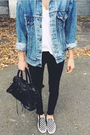 Black And White Checkered Vans Slip Ons Womens Checkered Slip Ons Black Jeans A White Tee And A Denim Jacket Casual Fall Outfits Clothes Fashion