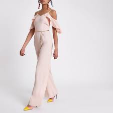 River Island Light Pink Cold Shoulder Belted Jumpsuit Jumpsuits For Women Belt Jumpsuit Cold Shoulder Dress