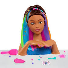 Barbie Rainbow Sparkle Deluxe Styling Head Barbie Colored Hair Extensions Pink Brushes