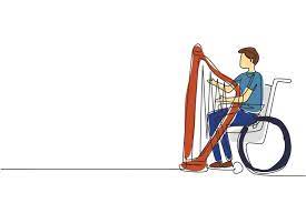Single One Line Drawing junger gutaussehender Mann, der im Rollstuhl sitzt,  spielt Harfe im Konzert. Behinderung und klassische Musik. körperlich  behindert. Person im Krankenhaus. Designvektor mit durchgehender Linie  8719220 Vektor Kunst bei