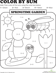 Color By Sum Springtime Garden Worksheet Education Com Addition Kindergarten First Grade Addition 1st Grade Worksheets
