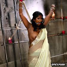 Image of dusky skin, lesbian upset south indian housewife wearing unfurled  saree is bondage tied to bed and reacts in fear as naked short indian teen  holds a dildo 