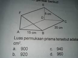 Jika tinggi prisma 20 cm, maka panjang seluruh rusuk prisma adalah … cm. Luas Permukaan Prisma Tersebut Adalah Cm Tinggi 8 Cmlebar 15 Cm Panjang 20 Cmbantu Brainly Co Id