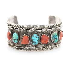 Jerry Roan Navajo Diné Sterling Silver Appliqué Coral and Turquoise Cuff