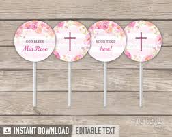 To give them an extra flare, you can cut the circles and apply adhesive to layer on top of a slightly larger colored circle. Floral Baptism Christening Printable Cupcake Toppers Bt01 My Party Design