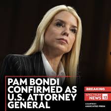 Former Florida attorney general Pam Bondi has been confirmed by the U.S.  Senate to head the United States Department of Justice:  http://specne.ws/ZB6qo4