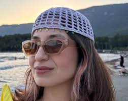 Purple Crochet Hat With Silver Star Charms, Sparkle Crochet Mesh Skull Cap,  Mesh Beanie, Summer Crochet Openwork Beanie